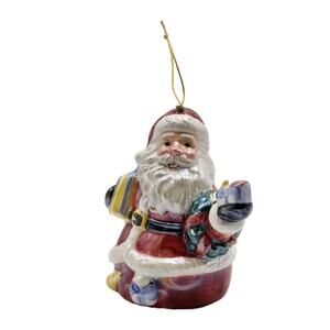 Iridescent Glazed Ceramic Santa Claus with Train & Christmas Gift Ornament VTG